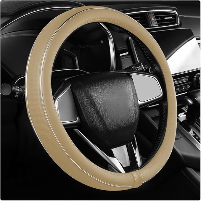 Yourkar Leather Steering Wheel Cover, Breathable Anti-Slip Car Steering Wheel Protector for Max Diameter 15 Inch, Universal A
