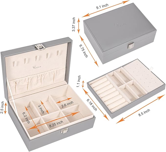 Voova Jewelry Box Organizer for Women Girls,2 Layer Large Men Jewelry Storage Case, PU Leather Display Jewellery Holder with 