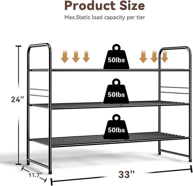 Shoe Rack, 3 Tier Metal Shoe Shelf Organizer for Entryway, Floor, Stackable & Height-Adjustable, Black