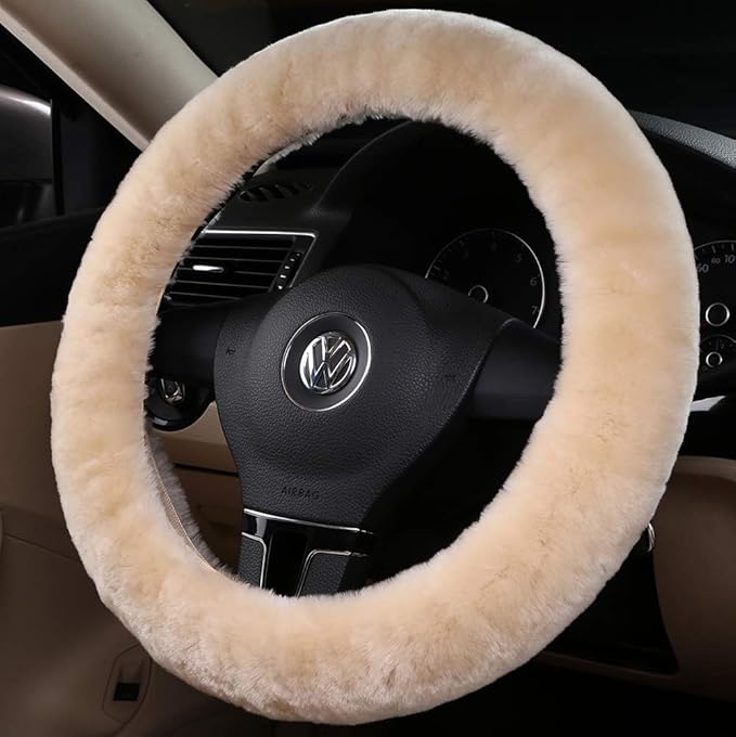 Soft Fluffy Warm Genuine Sheepskin Car Steering Wheel Cover, Fuzzy Fur Wool Protector for Winter Universal Car 14 1/2inch-15 