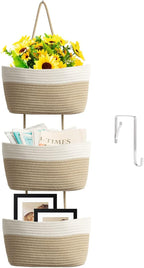 TeoKJ Over the Door Hanging Basket, 3-Tier Woven Cotton Wall-Mounted Storage Organizer Bag Decorative Hanging Nursery Baskets
