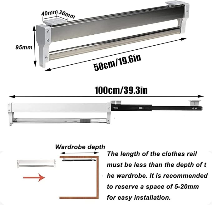 Pull-Out Clothes Rail,Extendable Clothes Rail with Sliding Track,Pull Out Closet Rod Adjustable Wardrobe Rail Clothes Rack,Wa
