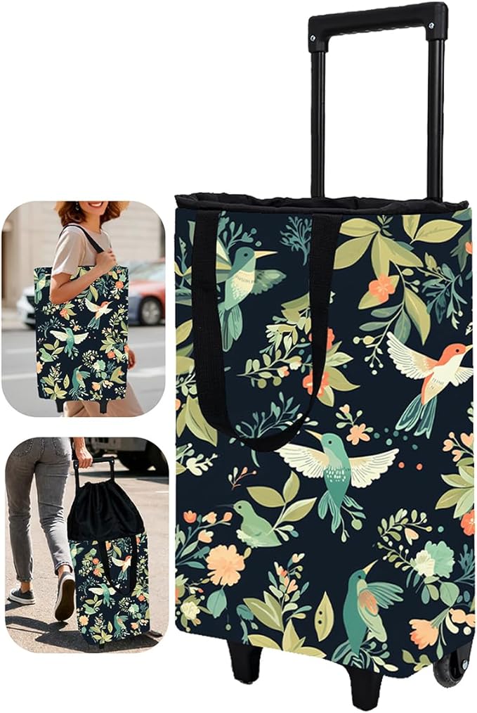 Foldable Rolling Bag, Portable Small Shopping Cart with Wheels, Collapsible Shopping Tote with Stylish Pattern for Market & Grocery Runs–Gift for Women & Seniors, Expandable L, Hummingbird