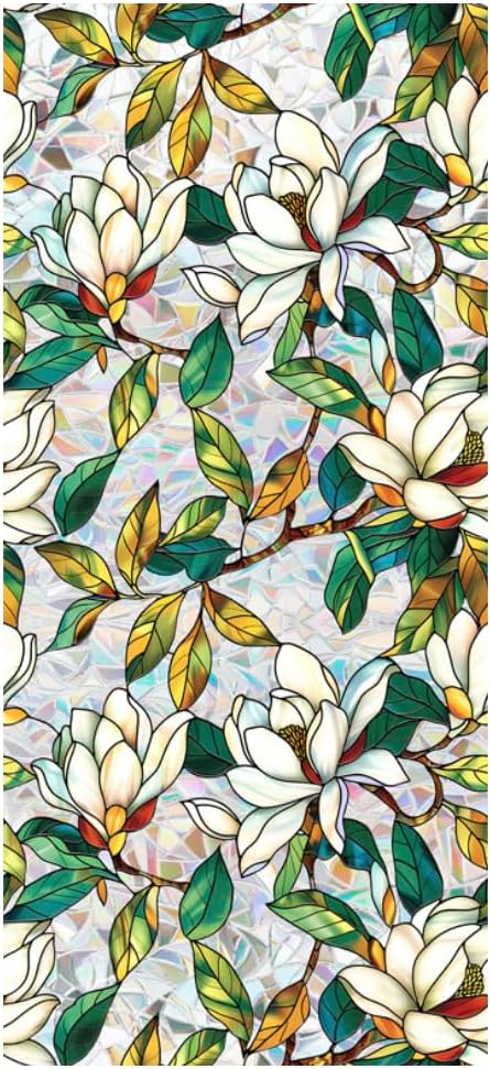 Retro Flower Window Privacy Film,Stained Glass Decals White Mangnolia Privacy Rainbow Decals Living Room Sun Blocking Decor Removable Static Cling Stickers,16.93x39.37inch