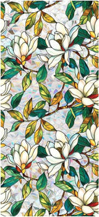 Retro Flower Window Privacy Film,Stained Glass Decals White Mangnolia Privacy Rainbow Decals Living Room Sun Blocking Decor Removable Static Cling Stickers,16.93x39.37inch