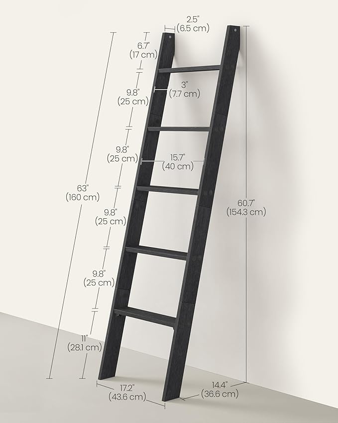 VASAGLE Blanket Ladder Decorative Farmhouse for The Living Room, 5-Tier Ladder Shelf, Ladder Rack for Storage and Decor, Ebon