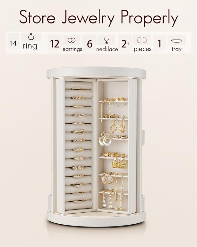 Vlando 360°Rotating Jewelry Box,Earring Organizer Large Vertical Jewelry Organizer with 6 Necklace Hooks, Open Ring Display S