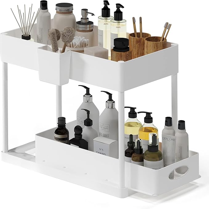 Under Sink Organizers and Storage, Bathroom Cabinet Organizer, Sink Shelf with Utility Hooks and Side Caddy for Under Cabinet