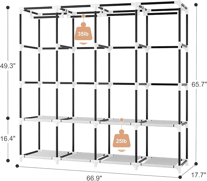 Portable Closet for Hanging Clothes, 67 Inch Wide Portable Wardrobe Closet with Cover, 4 Hanging Rod, Storage Shelves and Sid