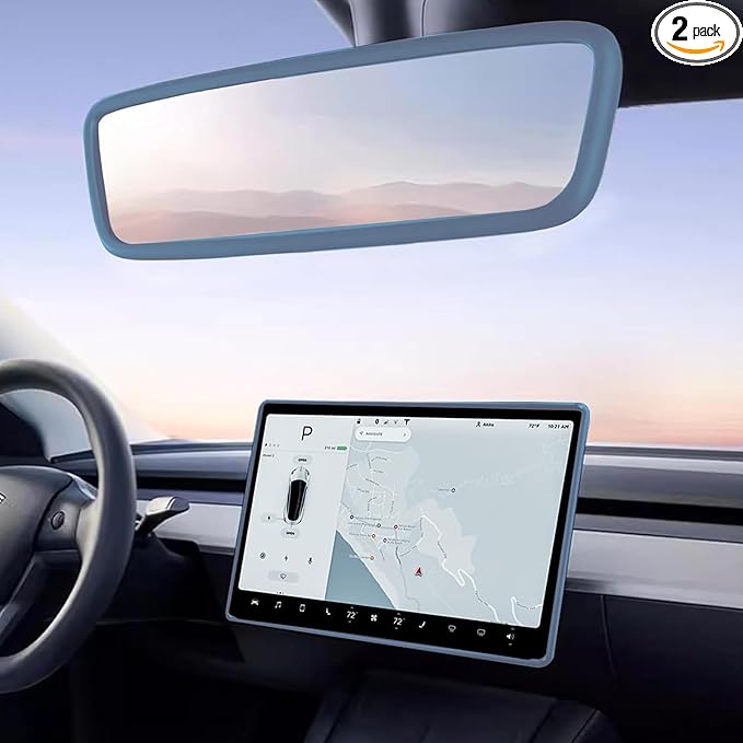 2PCS Protector Trim Frame Compatible with Tesla Model 3 Y 2020-2024 2025 2026 Screen Edge Frame Rearview Mirror Cover Interior Decorations Center Console Decor Highland Juniper Accessories Set (Blue)