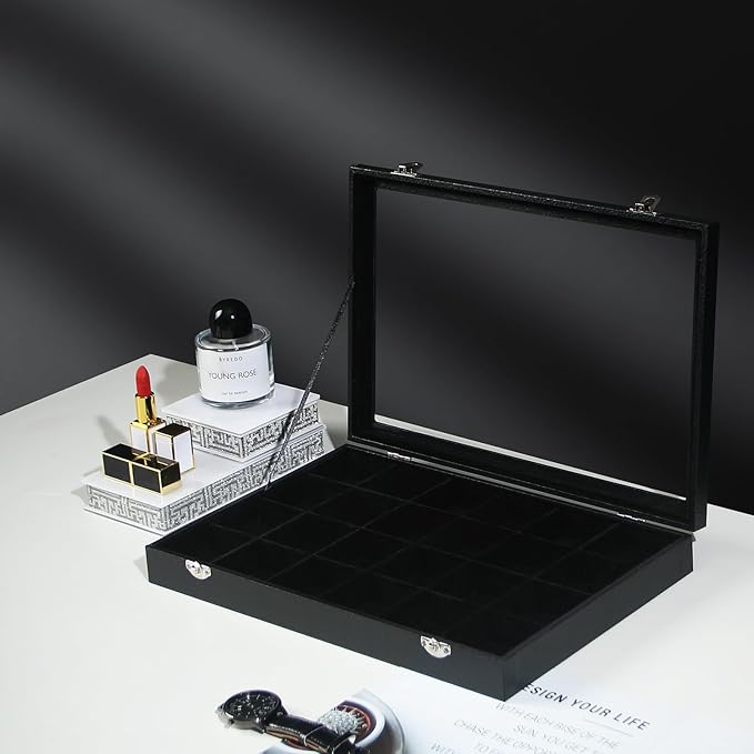 Coward Jewelry Organizer Box, Black Velvet 24 Grids Ring Earring Jewelry Display Tray Case with Transparent Glass Lid for Hom