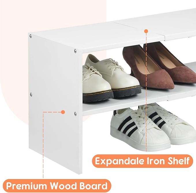2 Pack Expandable White Shoe Rack Organizer for Closet, 2-Tier Stackable Shoe Storage Shelf, Small Iron Wood Combination Shoe