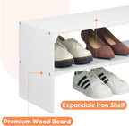 2-Tier Expandable White Shoe Rack Organizer for Closet, Stackable Shoe Rack Storage Shelf, Small Iron Wood Combination Shoe S