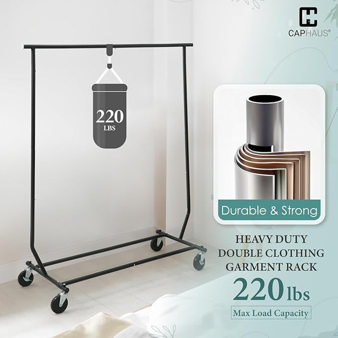 CAPHAUS Heavy Duty Clothes Rack, 220LBS Capacity Rolling Clothing Rack for Hanging Clothes, Adjustable Metal Wardrobe Rack, P