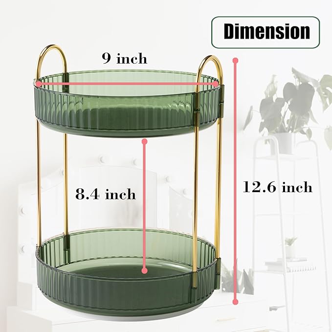Rotating Makeup Organizer Countertop 2 Tier Lazy Susan Trays Clear Skincare Perfume Storage for Bathroom Counter Vanity, Gree