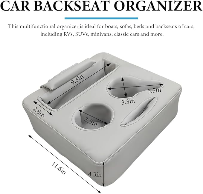 Car Back Seat Organizer, Leather Automotive Rear Seat Couch Cup Holder Expander Tray, Vehicle Cup Holder Tray Holds Snacks Remotes Phones for Truck RV Boat Couch Pillow Bed (Gray)
