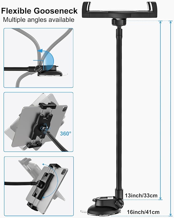 woleyi Tablet Holder for Car Dashboard Windshield [Gooseneck Long Arm] Suction Cup iPad Holder for Car, Car Tablet Mount Compatible with iPad Pro Air Mini, Galaxy Tab, Z Fold, iPhone, 4.7-11" Devices