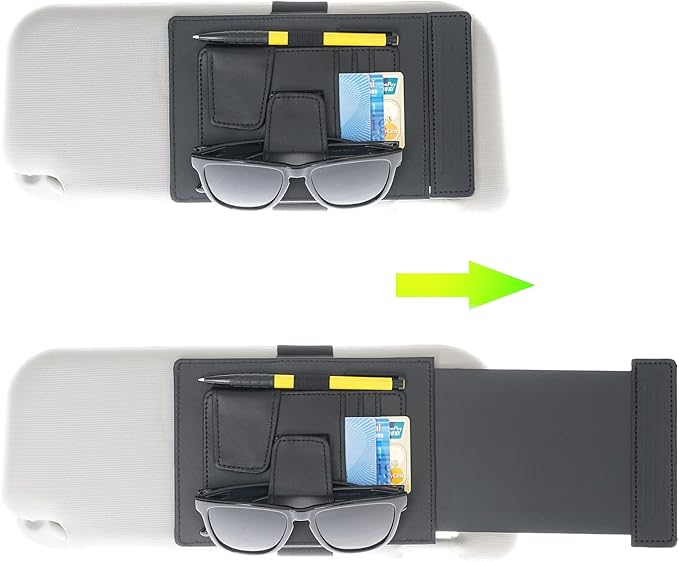 Universal Car Sun Visor Organizer and Extender - Anti-Glare Sunshade with Multi-Pocket Storage for Sunglasses, Cards, and More - Improve Driver Safety and Convenience, 1 Piece (Black)