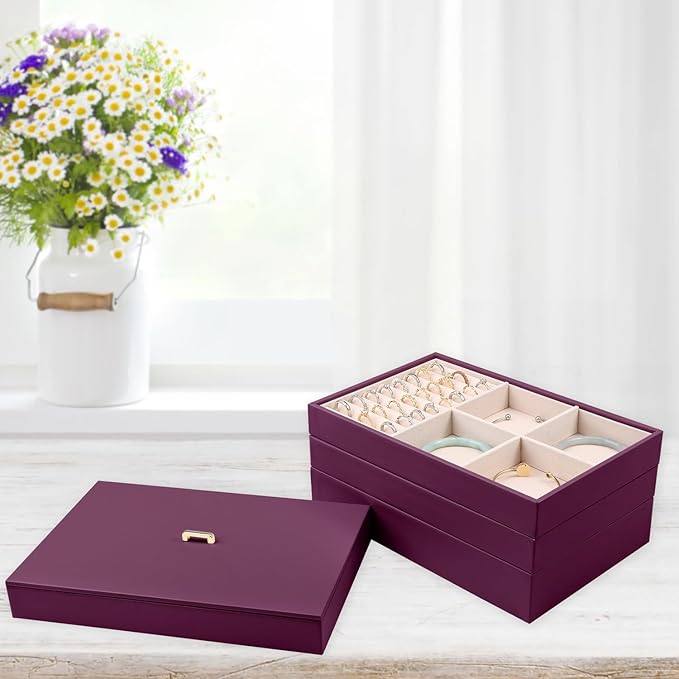Voova Stackable Jewelry Organizer Tray with Lid, PU Leather Jewelry Storage Holder for Drawer Inserts, Jewellery Display Box 
