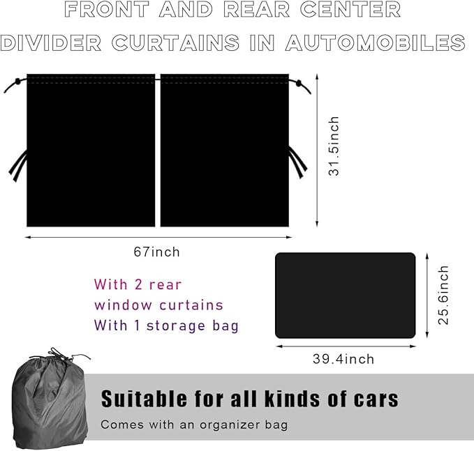 3PCS Car Window Shades, Auto Privacy Divider Curtain with 2 Rear Side Window Shade, Removable Vehicle Sunshade Blocker for Light, Heat, UV Rays, Universal Car Accessories