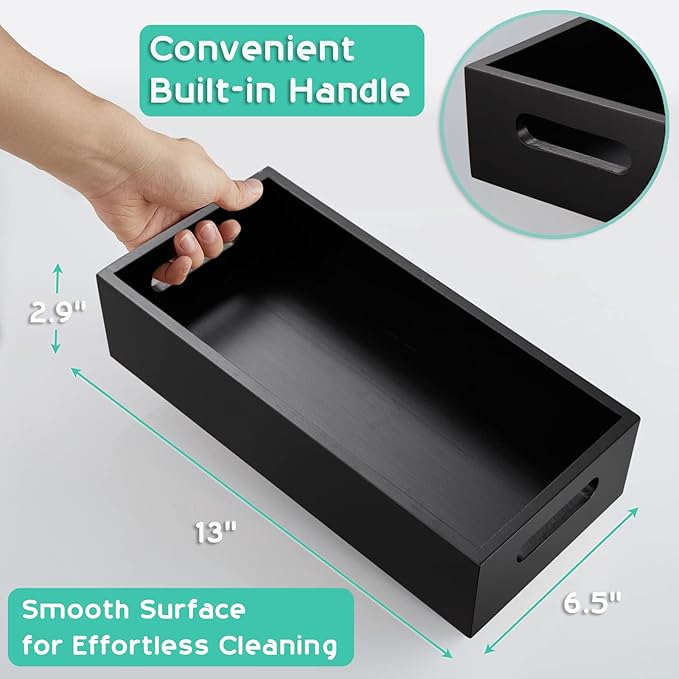 ALELION Black Bathroom Basket - Wooden Toilet Tank Paper Basket with Handle for Organizing - Back of Toilet Storage Organizer