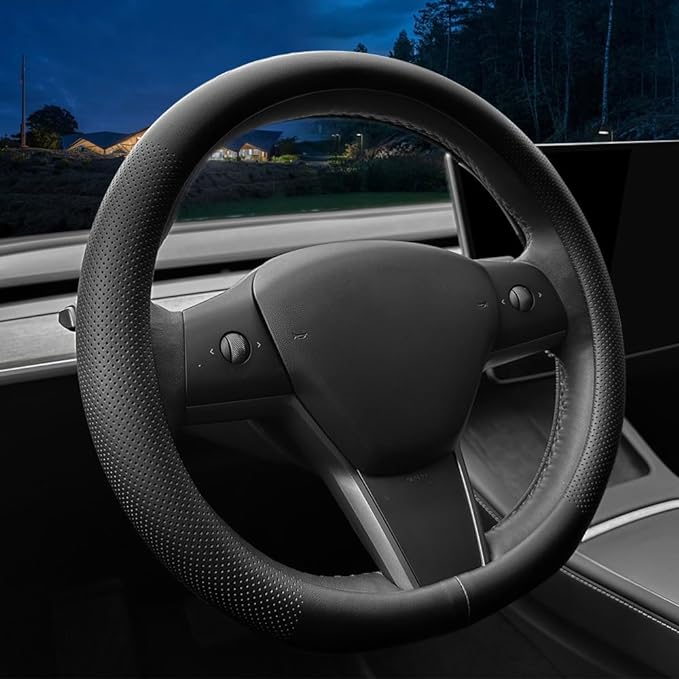 LKWLIKEI Nappa Leather Ultra-Thin Steering Wheel Cover, for Tesla Model 3/Y Steering Wheel Cover, Non-Slip Design and Interio