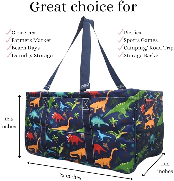 NGIL Extra Large Utility Tote Reusable Grocery Bag Oversized Collapsible for Groceries, Storage, Picnic, Beach (Dino World-Navy)