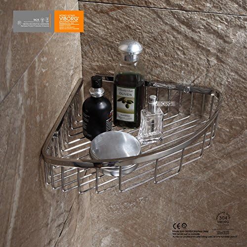 VIBORG Deluxe Solid Thick SUS304 Stainless Steel Wire Wall Mounted Single Tier Bathroom Corner Shower Basket Bath Caddy Shelf