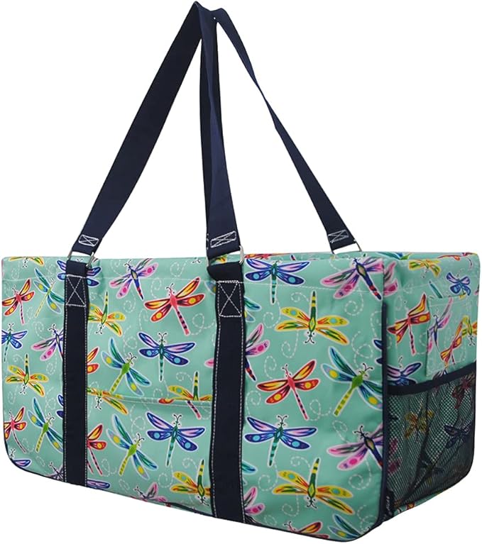 NGIL Extra Large Utility Tote Reusable Grocery Bag Oversized Collapsible for Groceries, Storage, Picnic, Beach (Dragonfly-Navy)