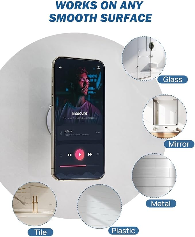 JOYTUTUS Shower Phone Holder, Reusable Suction Cup Phone Mount for Shower, Mirror, Kitchen, Window & Bathroom, Magsafe Wall Mount Compatible with iPhone 16, 15, 14, 13, 12 & All Phones,White,1 Pack