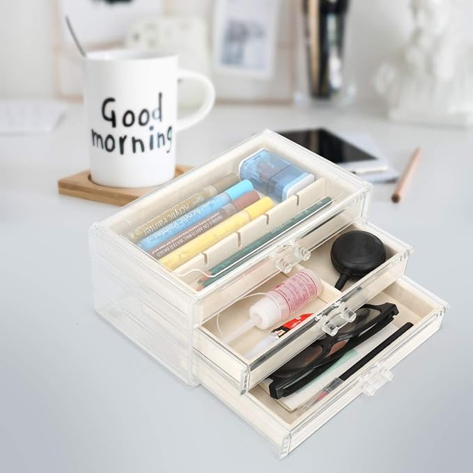 FEISCON Acrylic Jewelry Organizer Makeup Cosmetic Storage Organizer box Clear Jewelry Case with 3 Drawers Adjustable Jewelry 
