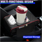 Leather Car Center Console Cover, Universal Automotive Armrest Booster Cushion, Vehicle Middle Console Organizer with 2 Cup Holders, Side Storage Bag, Tissue Box & Phone Slot(BlackRed)