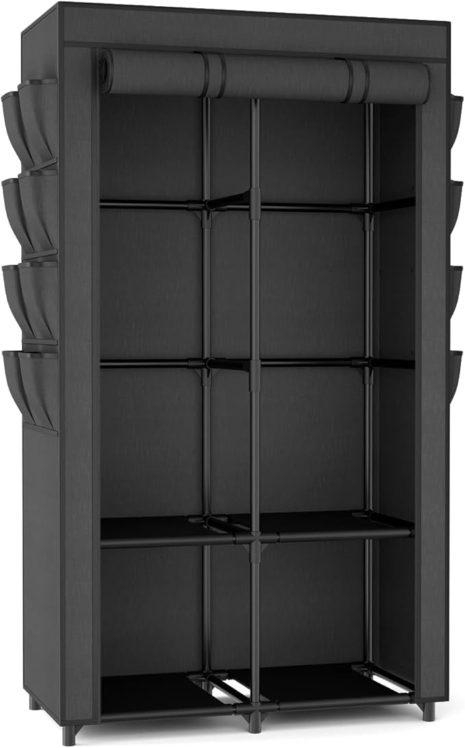 Portable Closet for Hanging Clothes, Portable Wardrobe Closet with Cover, 4 Storage Shelves, 2 Hanging Rods and 8 Side Pocket