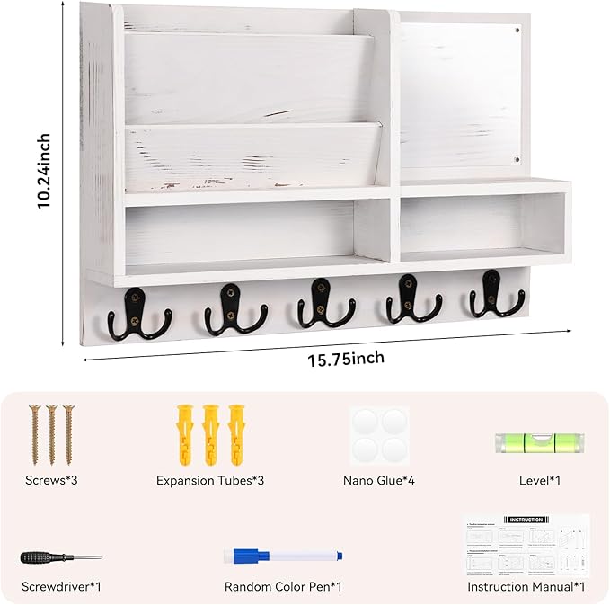 Key Holder Wall Mount, Mail Organizer Wall Mounted, Solid Wood Key Holder for Wall Living Room Entryway Home Decor, with 10 K