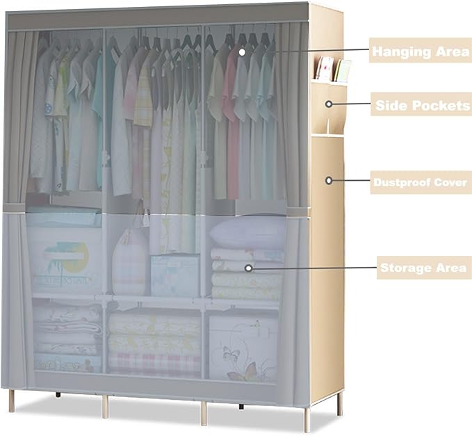 Clothes Organizer 3 Hanging Rod Shelf Portable Closet with Cover Clothes Rack Standing Closet Clothes Storage Wardrobe Garmen