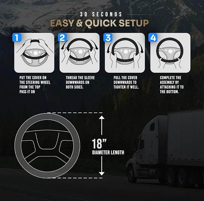 18-Inch Genuine Leather Steering Wheel Cover for Semi Trucks – Grey with Black Carbon Fiber Imitation, Heavy-Duty Non-Slip Grip, Universal Fit, Easy Installation