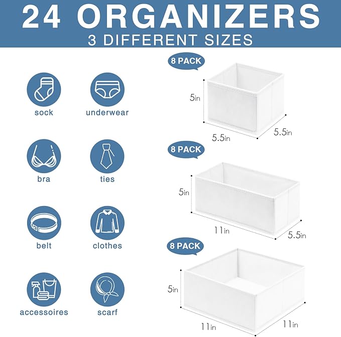 Criusia Drawer Organizer Clothes, 24 Pack Dresser Organizer Bins for Nursery Bedroom, Closet Organization and Storage Divider