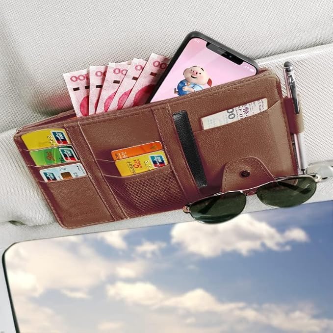 JEYODA Car Sun Visor Organizer Auto Car Visor Pocket and Interior Accessories Car Storage Organizer with Multi-Pocket Net Zippers (Style 1-Brown) (1942)