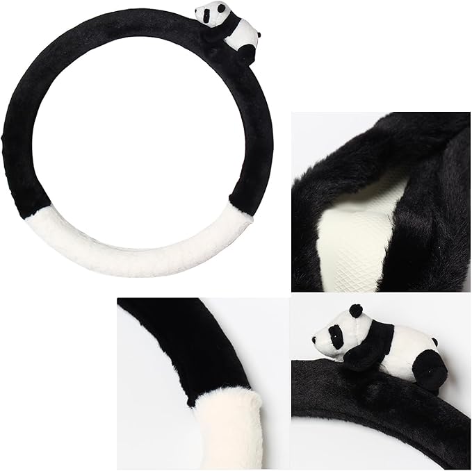 8 Pcs Cute Panda Steering Wheel Cover Set for Women Girl,Anti-Slip Lovely Cartoon Car Wheel Protector Universal 15 Inch Fit for Vehicle, Car, Auto, SUV (Black White)