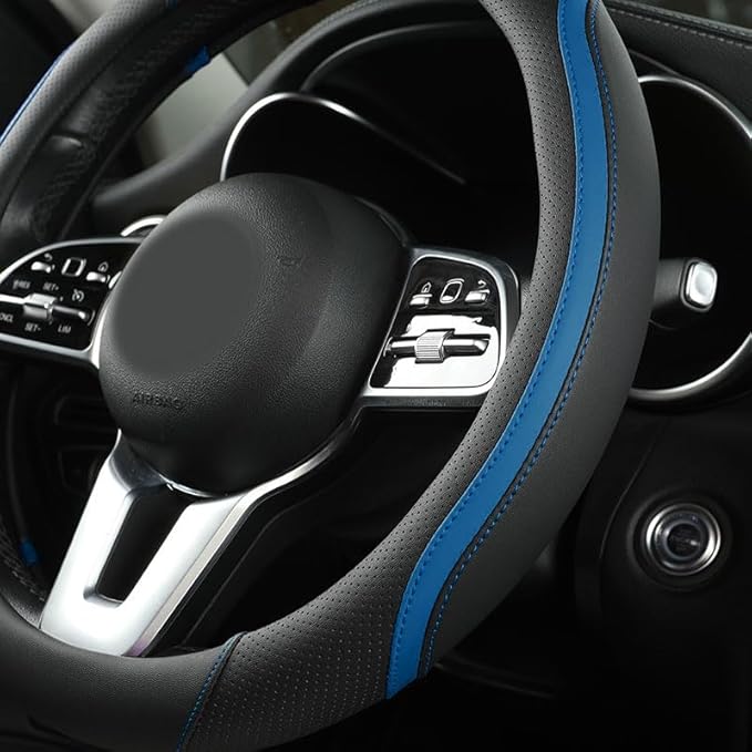Car Steering Wheel Cover, Leather Steering Wheel Cover Blue Universal 14.5-15 Inch Microfiber Leather Anti-Slip Breathable Au