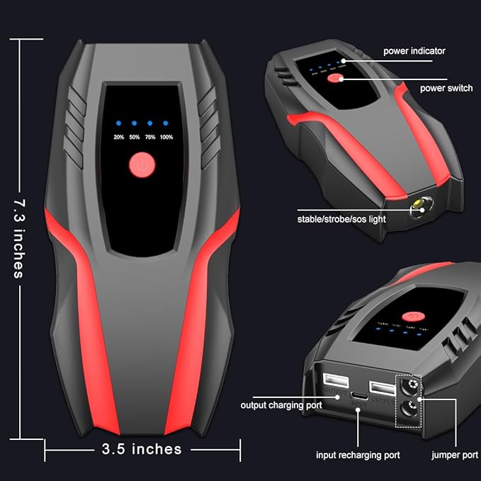 12v Auto Jump Starter Pack with Air Compressor, Peak Current 2000a, Car Lithium Battery Charger Jumper Box Tire Air Pump,