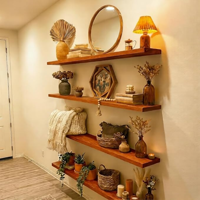 IEO Long Wooden Floating Shelves for Room Wall, Natural Wood Floating Shelves Wall Mounted Kitchen Shelf for Living Room, Bed