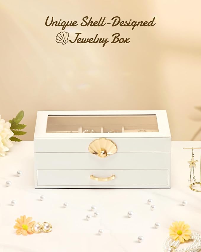 Enthralite Jewelry Box with 1 Drawers: Display Organizer for Earrings Necklaces - Christmas Gifts for Girls Women (White)