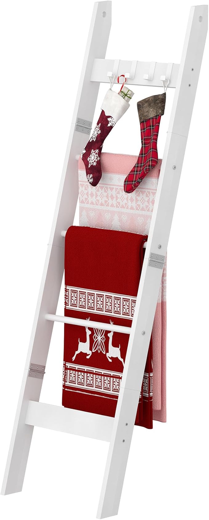 Hzuaneri Blanket Ladder for Living Room, Decorative Quilt Rack with 4 Removable Hooks, 5-Tier Farmhouse Ladder Holder Shelf O