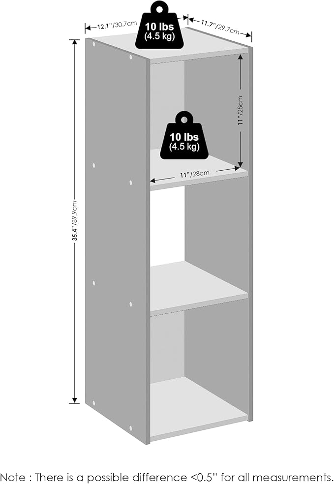 Furinno PELLI Book Shelf, 3-Cube Bookshelf, Cube Storage Organizer Bookcase, 11.7 x 12.1 x 35.4, for Living Room, Bedroom, Ho