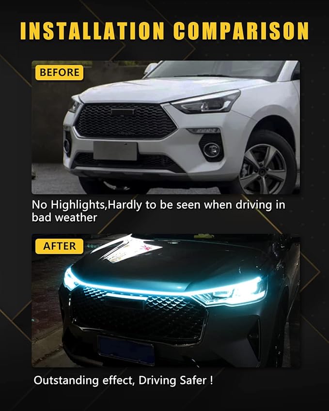 YM E-Bright Led Hood Light Strip Exterior Led Strip Lights for Cars Waterproof Flexible DRL Dynamic Scan Start Up Hoodbeam Kit Daytime Running Light for Truck,SUV,12V 70inch,Ice Blue,1 Set