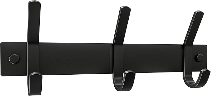 Matte Black Small Coat Rack Wall Mount – 9 Inch Stainless Steel Hook Rail with 3 Double Coat Hooks – Wall Mounted Entryway Or