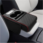 Leather Car Center Console Cover, Universal Automotive Armrest Booster Cushion, Vehicle Middle Console Organizer with 2 Cup Holders, Side Storage Bag, Tissue Box & Phone Slot(BlackRed)