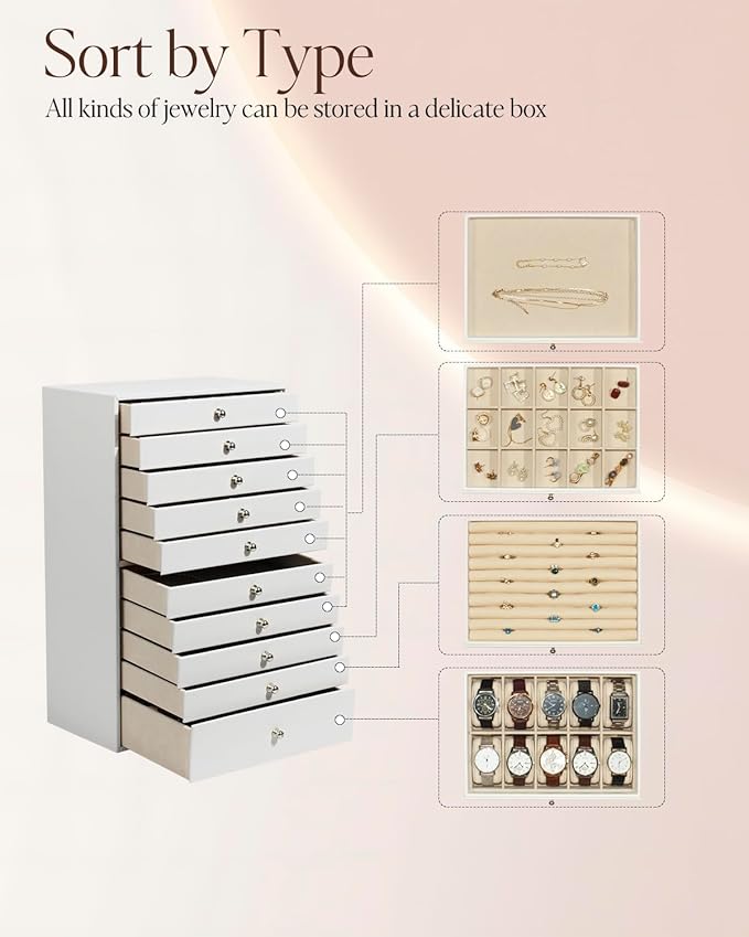GUKA Large Jewelry Box, Jewelry Case with 10 Drawers for Big and Small Jewelry, Jewelry Storage Organizer for Watch Earrings 