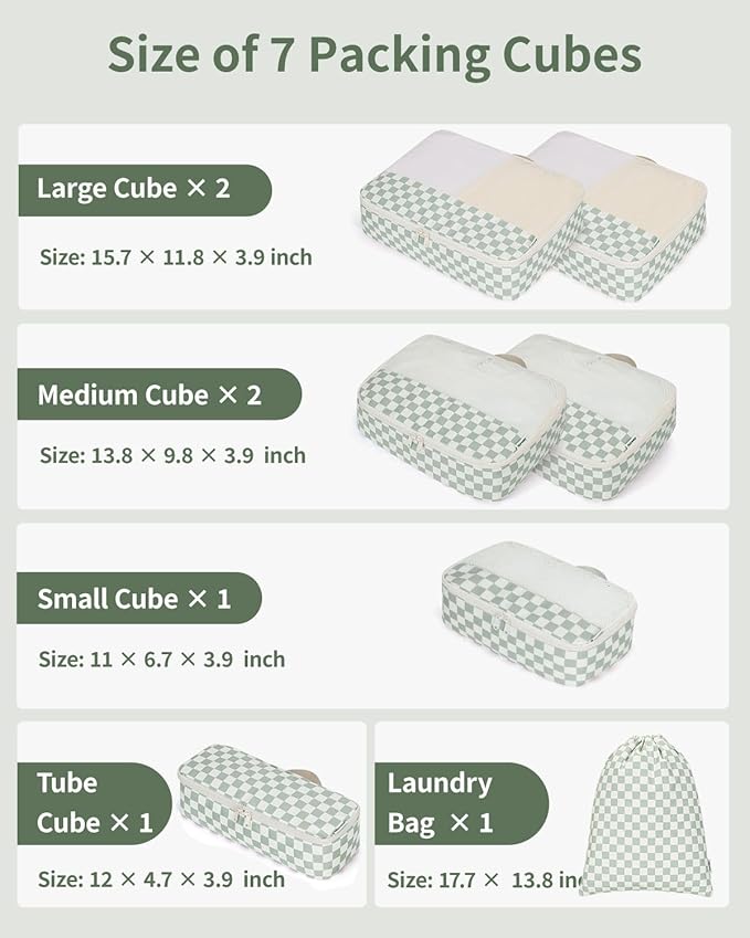 Narwey 7 Set Checkered Packing Cubes for Travel Kids Women, Durable Packing Organizer Bags for Carry on Suitcase Luggage Trav